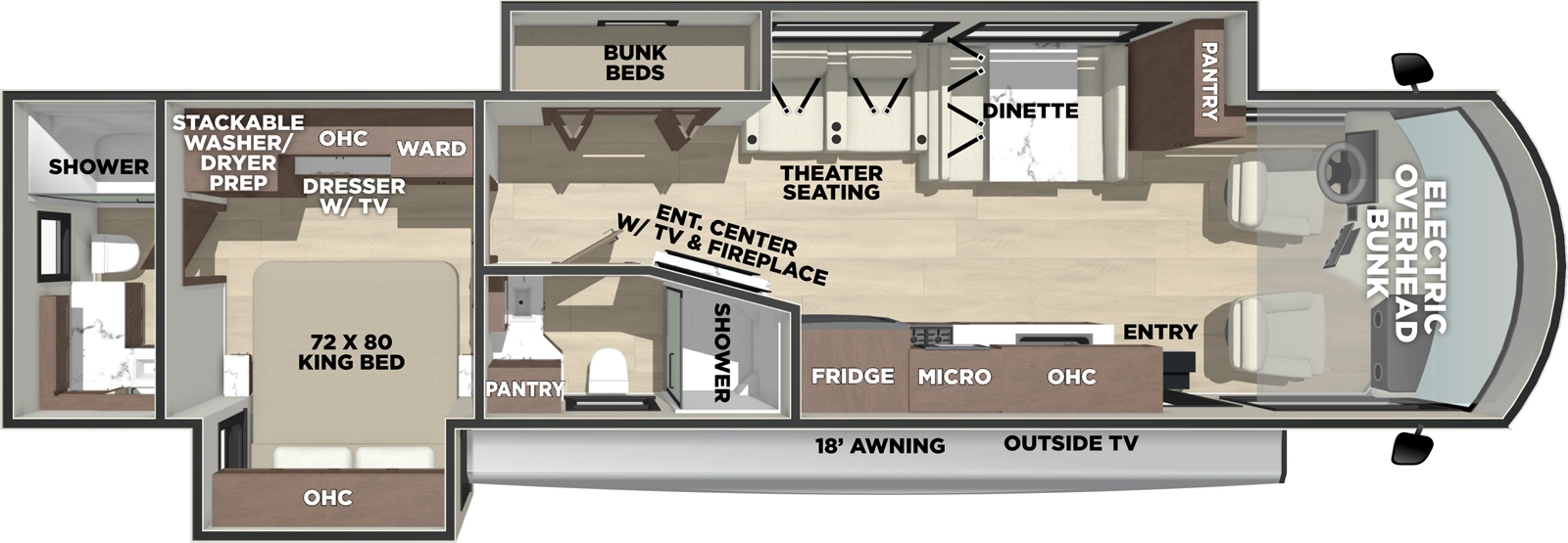 The Georgetown 7 Series GT7 36K7 floorplan has one entry and two slide outs. Exterior features include: 18' awning and outside entertainment. Interiors features include: bunk beds, rear bathroom, two full bathrooms, bunk over cab and dinette.